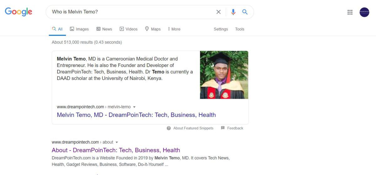 Featured Snippet Produced by Google for Melvin Temo, MD
