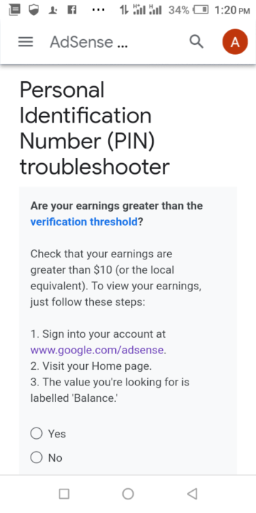 Screenshot of Personal Identification Number (PIN ) Troubleshoot