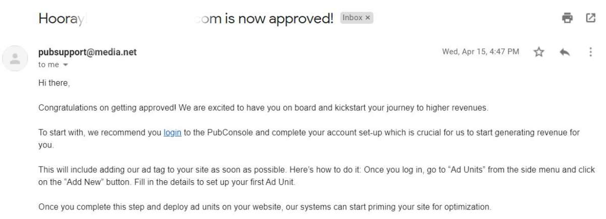 Medianet Approval email Screenshot