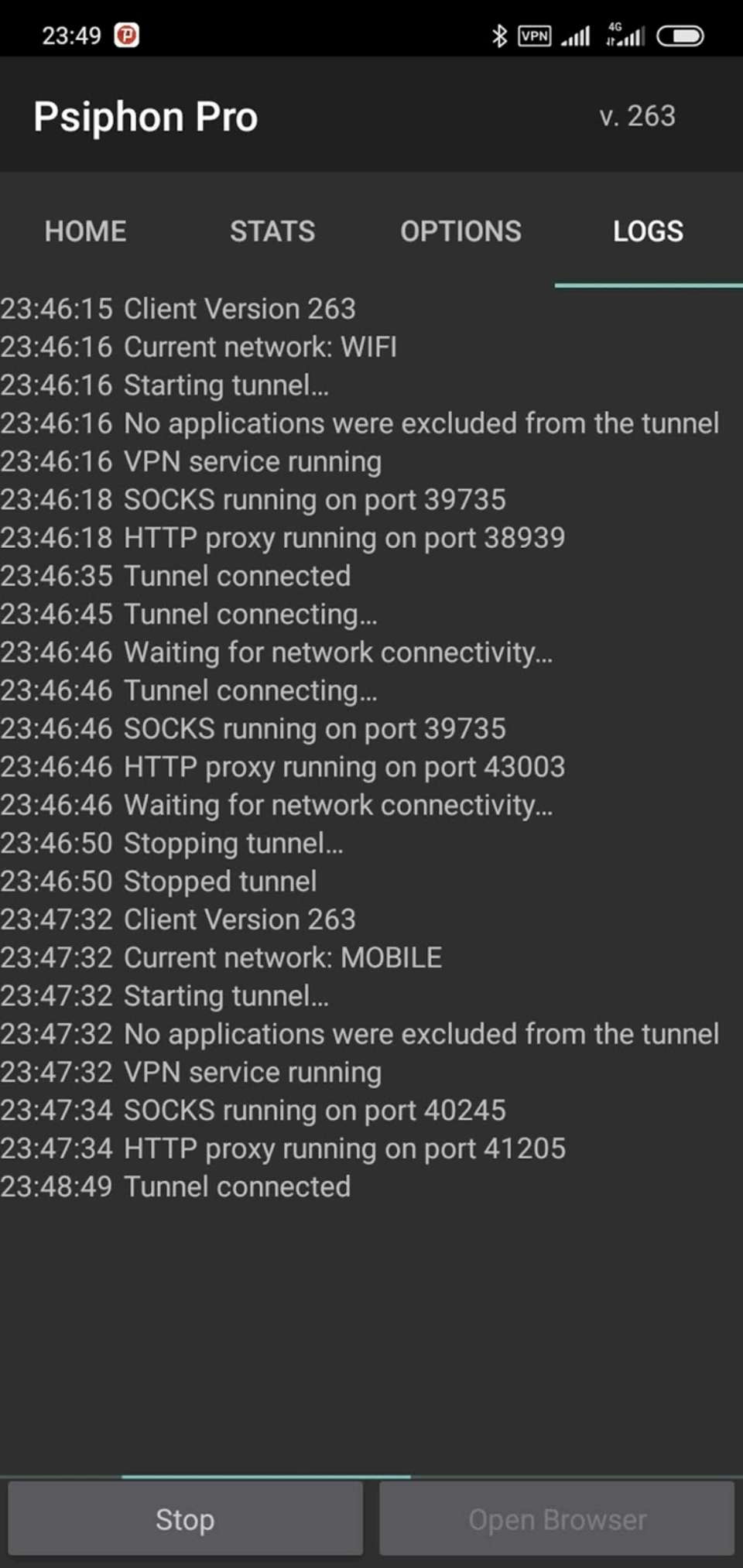 Internet connected using Psiphon