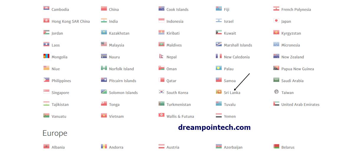 Select Sri Lanka from List of Supported Country or Region