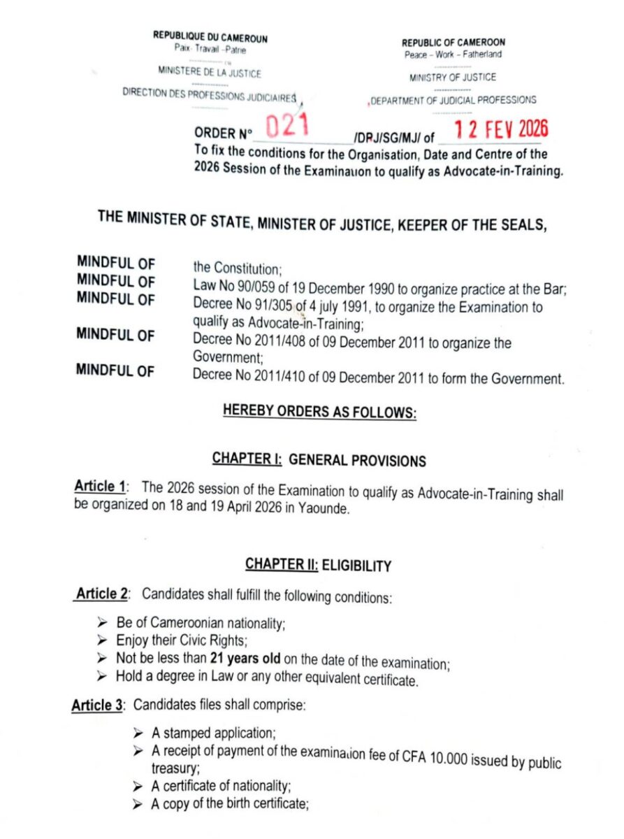 Cameroon Bar Advocate-in-Training Concour Exam For Lawyers 